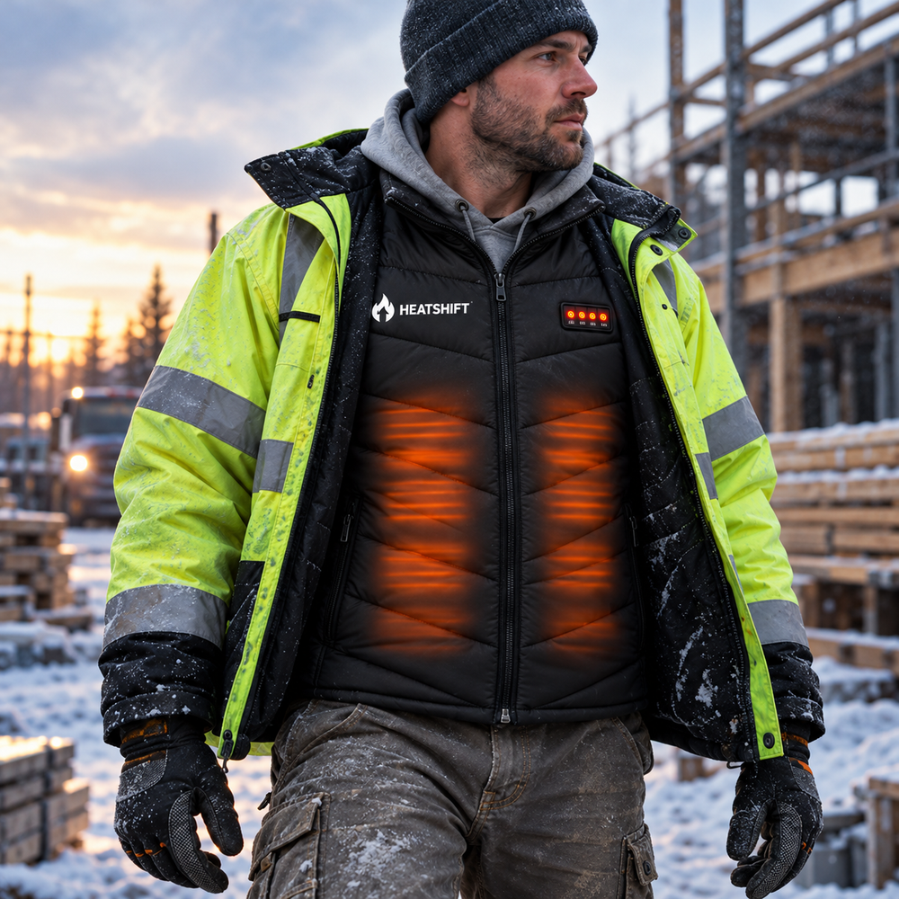 Heated vest worn under a hi-vis jacket