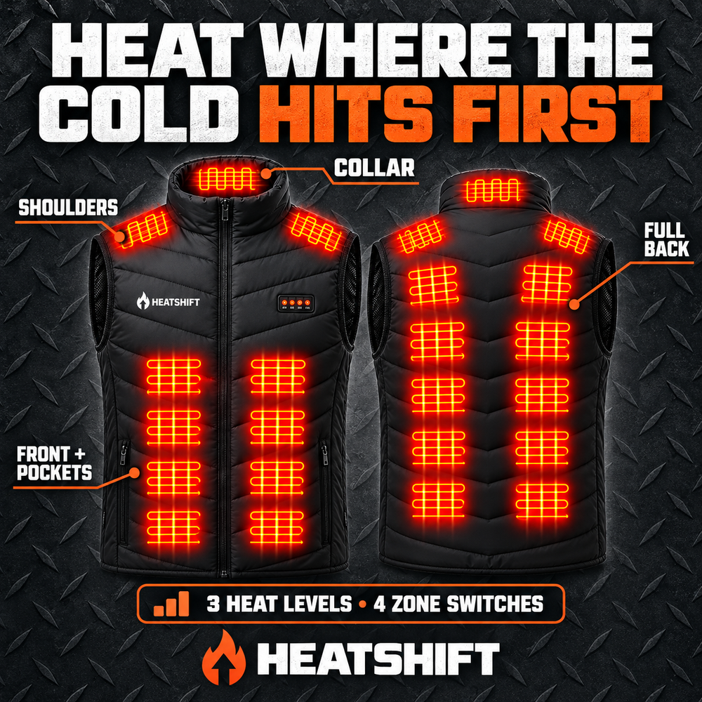 Heat zones: collar, shoulders, full back, front and pockets
