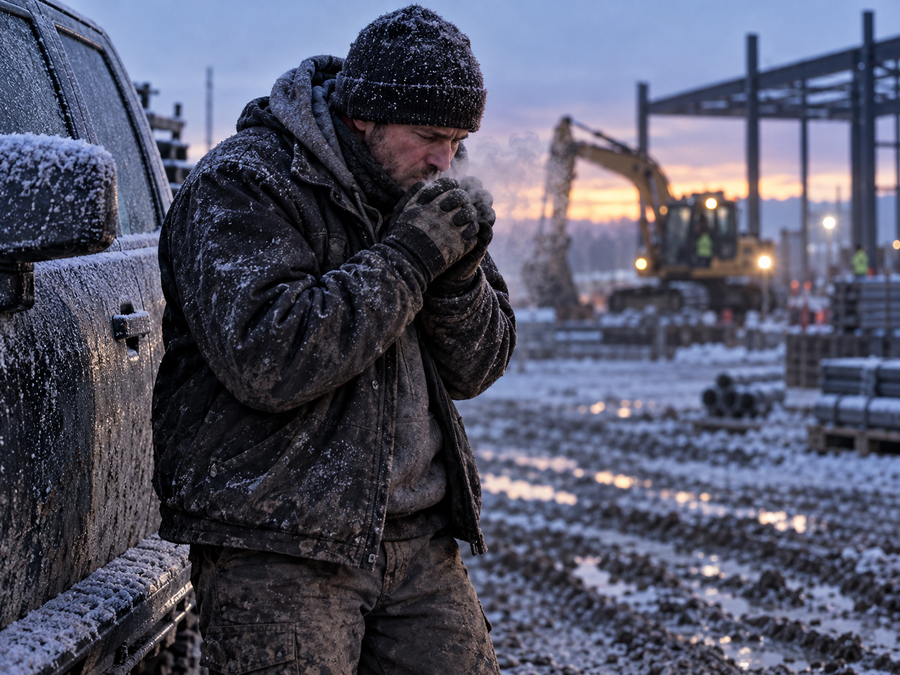 Tradesman working on a frozen jobsite at dawn
