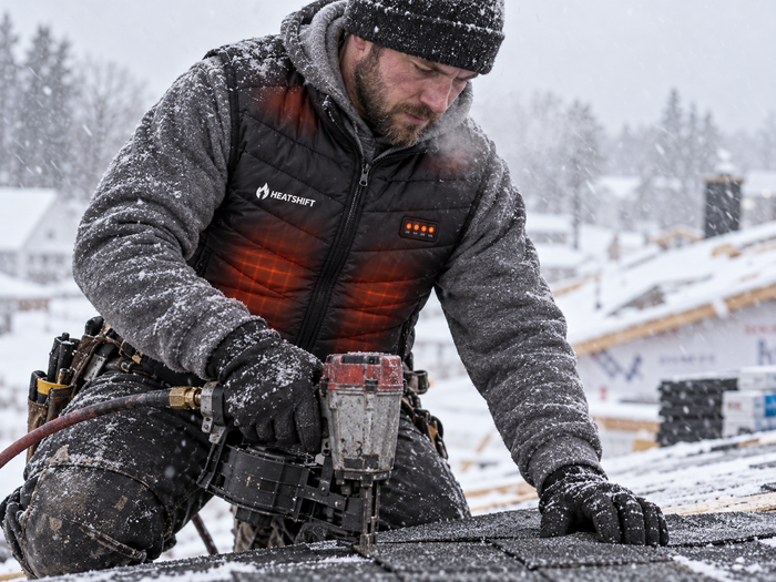 Framer on a roof in winter