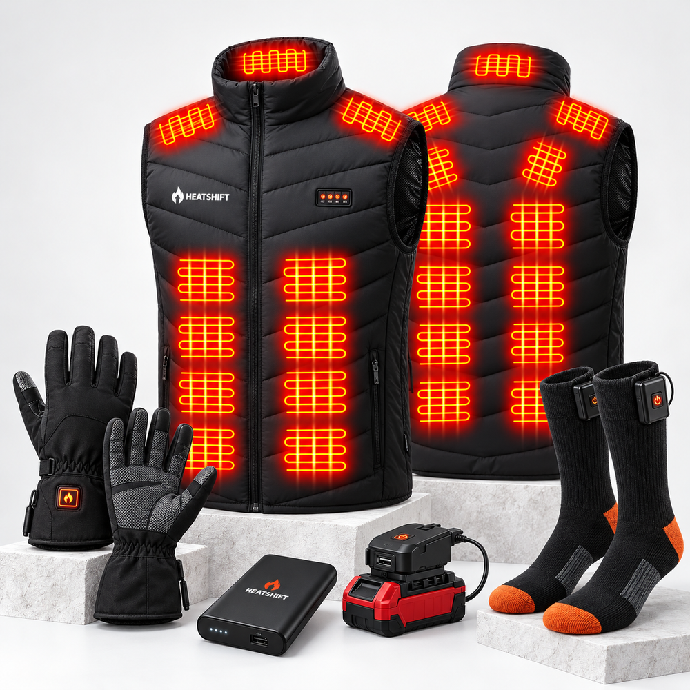 Heatshift heated work vest with gloves, socks, power bank and tool-battery adapter