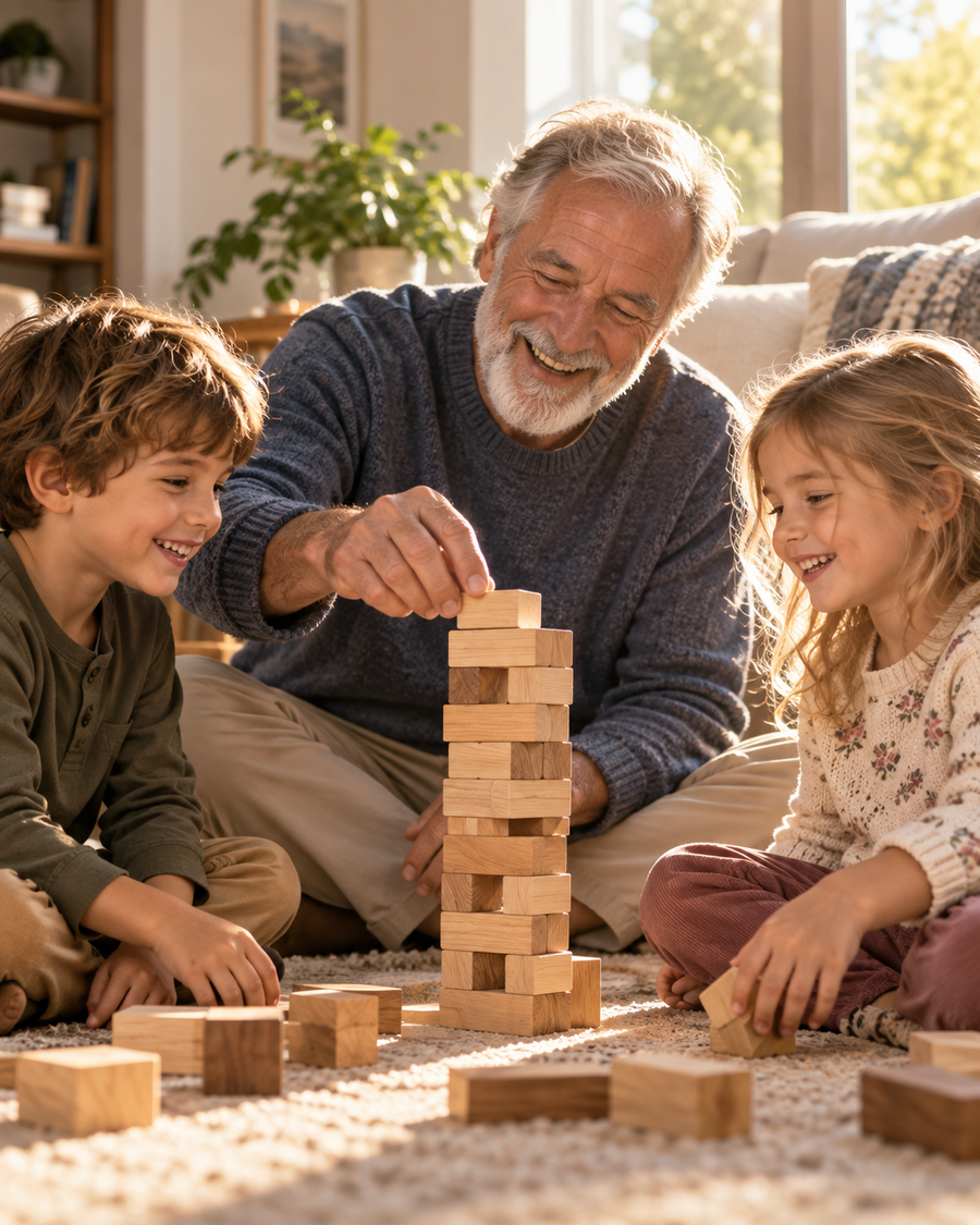 A grandfather laughing with his grandchildren