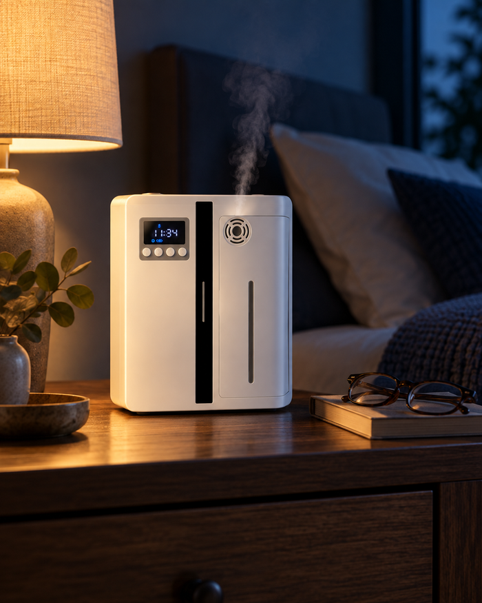 The diffuser on a nightstand, timer set for the night